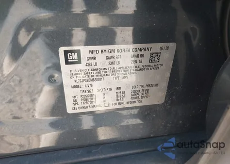 2021 Chevrolet Trax Awd Lt from USA, damaged, VIN KL7CJPSB0MB304017